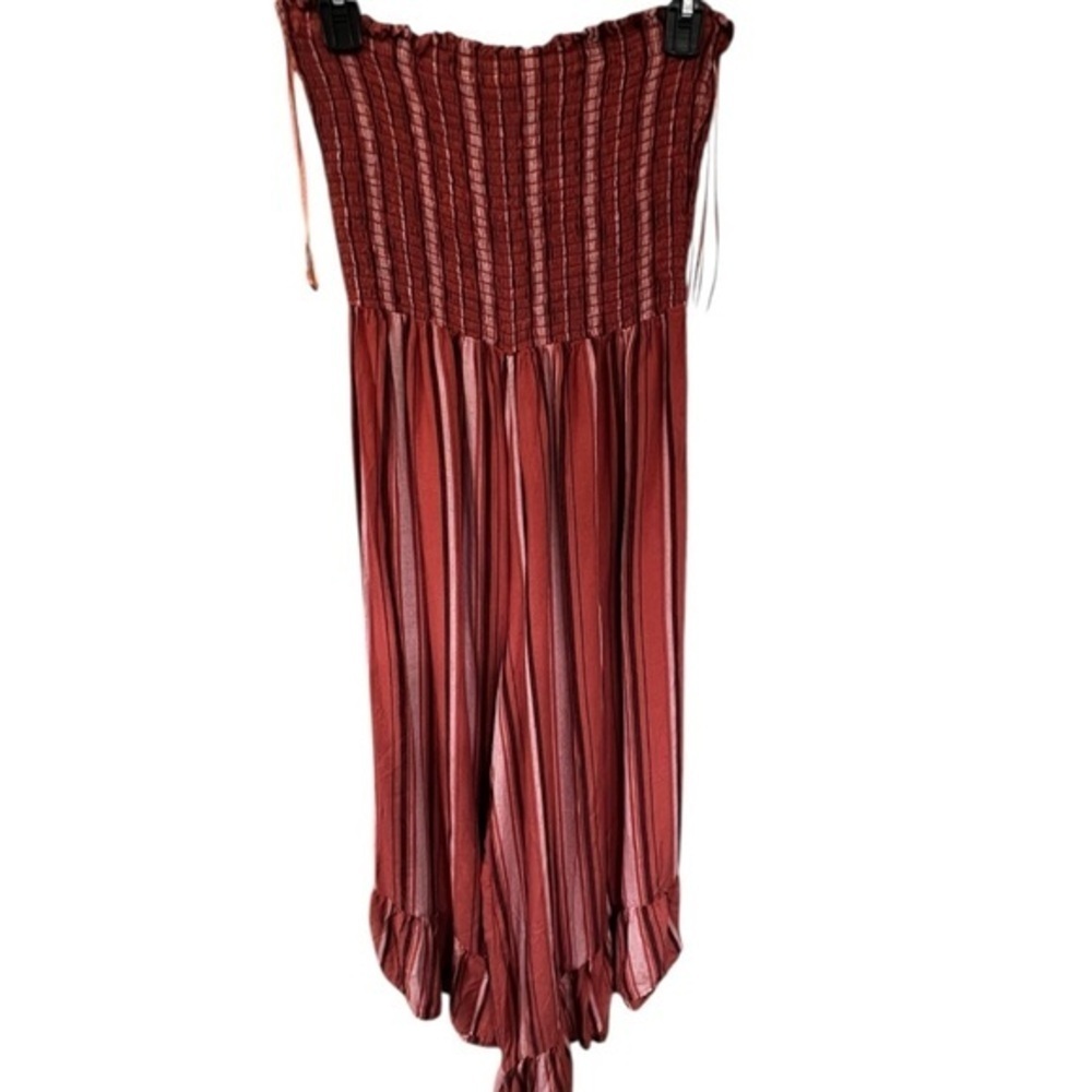 Angie Burgundy Strapless Striped Smocked Bodice Ruffled Hem Jumpsuit